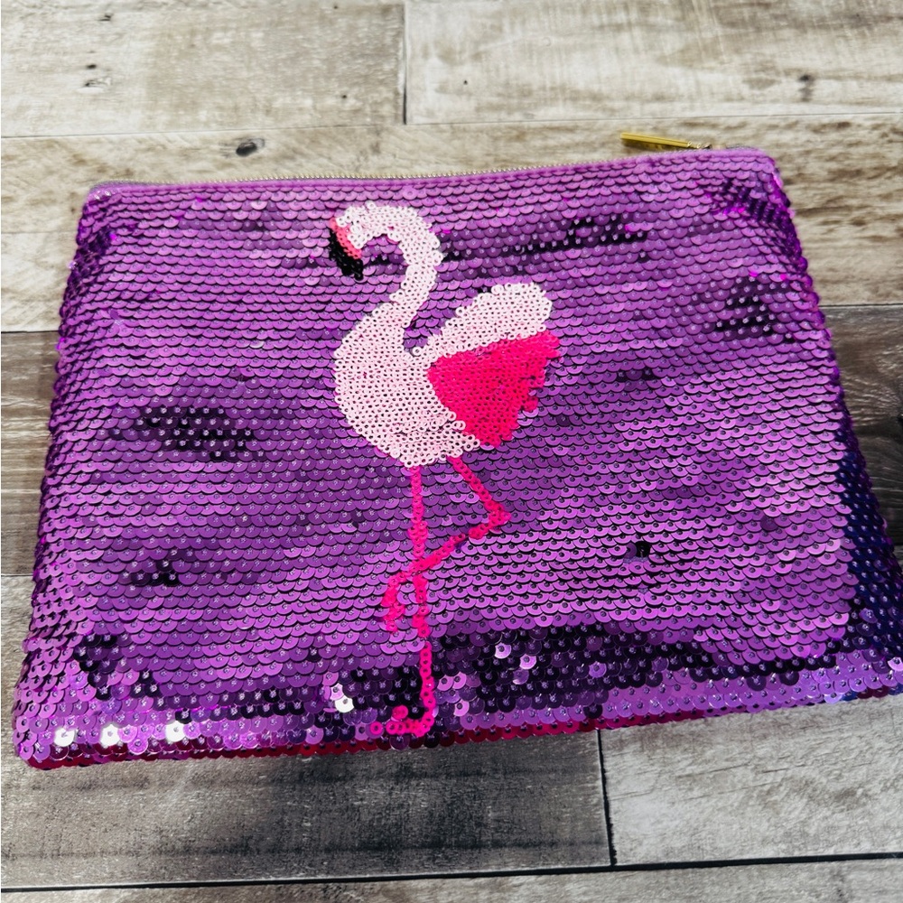 Tarte Purple Sequin Clutch with Flamingo Design
